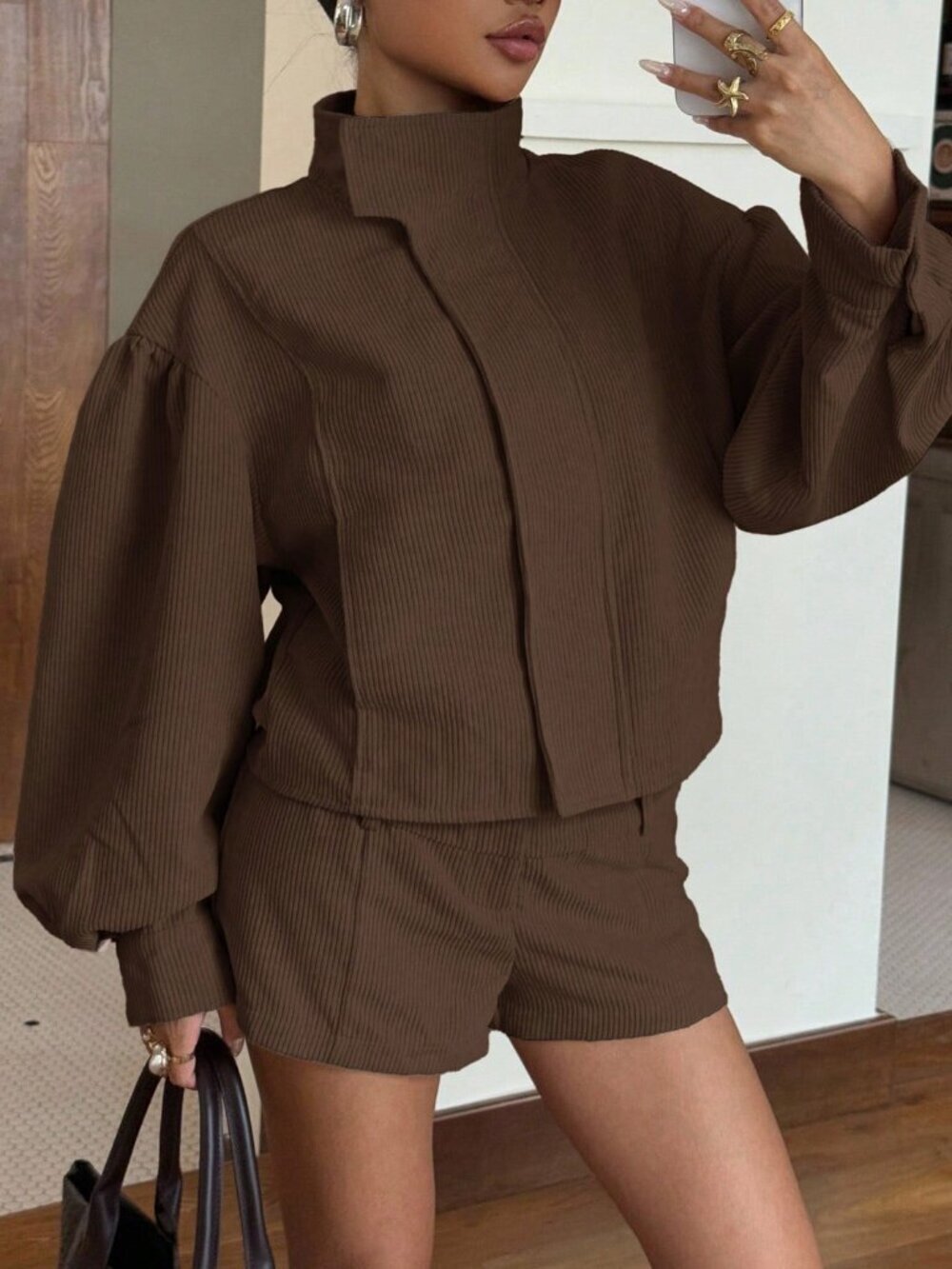 Brown Casual Women's Corduroy Long Sleeve Jacket & Shorts Two-Piece Set